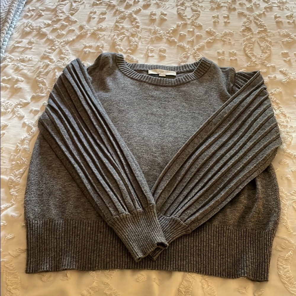 LOFT Gray Crew Neck Sweater with Ribbed Sleeves
